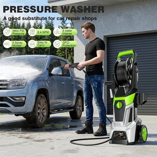 Washer, pressure: max. 200 bar, max. flow rate: 540 l/h | consumption 3000 W, for cars and outdoor surfaces, high pressure gun and hose, turbo nozzle, spray lance