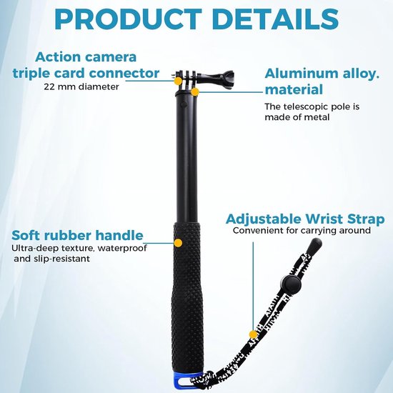 Waterdichte Selfie Stick 92 cm Uitschuifbaar voor GoPro Hero 13 12 11 Max en DJI Osmo Pocket 3, Aluminium Telescopische Stok met Antislip Handvat voor Actiefoto's en Avontuurlijke Opnames