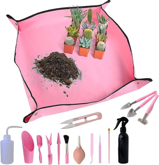 Waterdichte tuinmat, plantenmat, verpotten, plantenmat, vetplanten, tuingereedschap, mini-tuingereedschap, voor verpot, vetplanten, zaailing, 16 stuks (roze, 100 x 100) van QHYTL