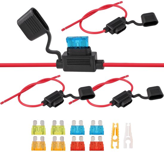 Waterproof Car Fuse Holder with Wires, 14 AWG, Flat Fuse Holder with 8 Pieces, Medium Flat Fuse, 5A, 10A, 15A, 20A, for Truck, Motorcycle, Boat, 12V-32V, Black van Merkloos	