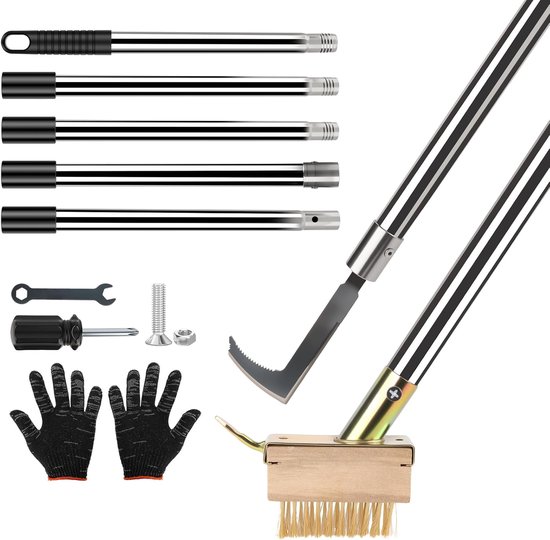 Weed Brush met telescopische handgreep - 160 cm - Tuinonkruidborstel met bladschraper en onkruidborstel - voor het verwijderen van onkruid en mos in voeg en wandranden van Merkloos	