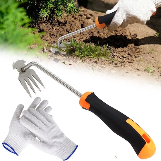 Weed Cutter voor Tuinieren met Handvat van Rubber - Premium Manganese Stalen Onkruidverwijderaar met 4 Tanden en Katoenen Handschoenen voor Effectief Tuinonderhoud
