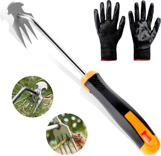 Weed Removal Tool - Manual - RVS - Handschoenen - 4 Tanden - Dubbel Gebruik - Lange Handgreep - Voor Tuin - Boerderij - Gazon - Groenten van Merkloos	