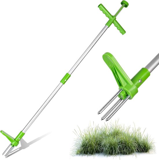 Weed Remover met Handvat - 3 Stalen Tanden en Veer - Efficiënte Onkruid Verwijderaar - Lengte 1 m van Merkloos	
