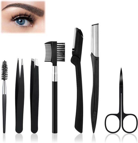 Wenkbrauwverzorgingsset, 7-in-1 wenkbrauwtrimset, roestvrij staal, professioneel wenkbrauwscheermes met wenkbrauwpincet, wenkbrauwkwast, wenkbrauwscheermes en schaar van Merkloos	