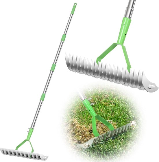 Wicker Rake Lawn Dethatcher Rake for Lawn Double-Sided Wicker Rake, Efficient Steel Metal Dethatcher Rake with 67.2 Inch Stainless Steel Handle, Lawn Grass Rake for Garden, Garden van Merkloos	