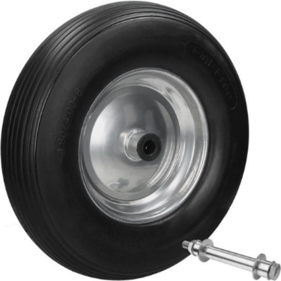 WNHB® Kruiwagenwiel-Set-Van-4-Massief-Rubber-390mm-480-400-8-Met-As-Line-Profiel-Zwart-PU-Anti-Lek van Merkloos	