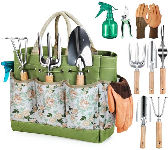 Wolcky - Tuingereedschapset 9-Delig - RVS Tuingereedschap met Houten Handvat - Inclusief Handschoenen - Tuinset voor Planten,Wieden en Graven