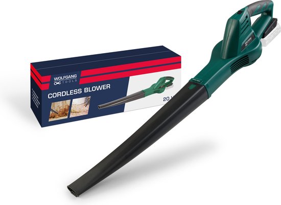 WOLFGANG Elektrische tuinbladblazer 20V voor bladeren & loof - snoerloze accu bladblazer - bladblazer met blaassnelheid 200 km/u - 1,2kg - 90x15x17cm - (geleverd zonder accu en lader) van Merkloos	