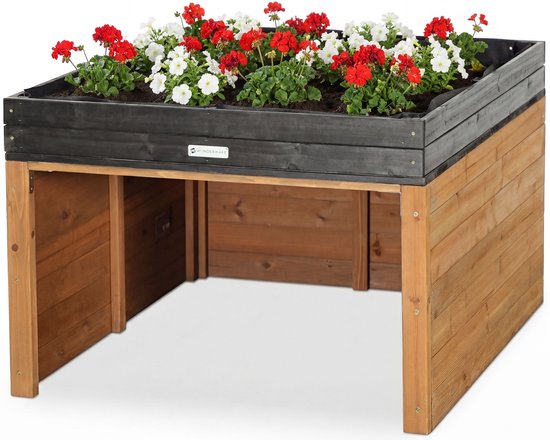 WONDERMAKE® Grote design robotmaaiergarage XXL universeel met waterafvoer, houten plantenbak, robotmaaieroverkapping, carport, robotgarage met plat dak, 78,5 x 96 x 57 cm, bruinzwart