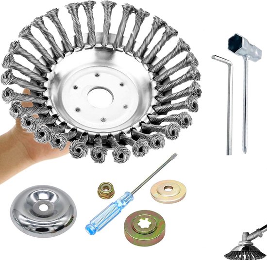 WonderStore© Stalen borstel met 7-delige adapterset, onkruidborstel 200 mm x 25,4 mm, staaldraad gevlochten, kegelborstel voor grastrimmer, bosmaaier, tegen onkruid, mos, hardnekkige afzettingen en verontreinigingen van WonderStore