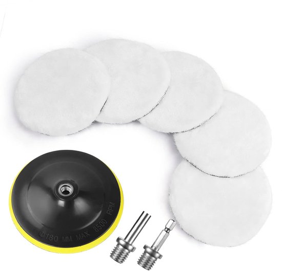 Wool Polishing Pad - 5 delig - 180mm Polijstschijf met Boorstangconnectoren en Zuignappen - Polijstset voor M14 Booradapter Auto Polijstmachine van Benbow