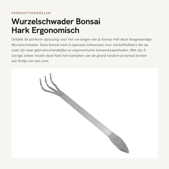 Wurzelzwabber Roestvrij Staal - Bonsai Hark - Ergonomisch Ontwerp - 3 Tanden - Tuin Gereedschap - Afmetingen 24 x 4 cm - Bonsaihark