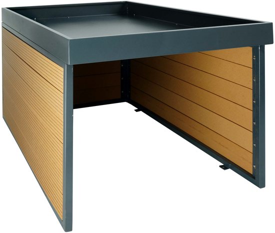 XL robotmaaier garage met plantenbak MCW-L45, overkapping voor grasmaaiers, WPC metaal 47x70x94cm ~ eiken look van MCW-L45