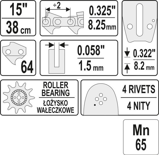 YATO YT-84934 - Kettingzaagblad - 15 Inch (38 cm) - 64 Schakels - 0.325" Steek (1,5 mm)