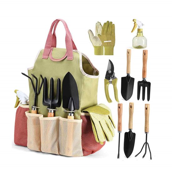 Ynkkvre-9-Delige Tuingereedschap Set voor Vrouwen - Inclusief Draagtas, Handschoenen, Snoeischaar & Spuitfles - Ergonomisch & Roestvrij van Ynkkvre
