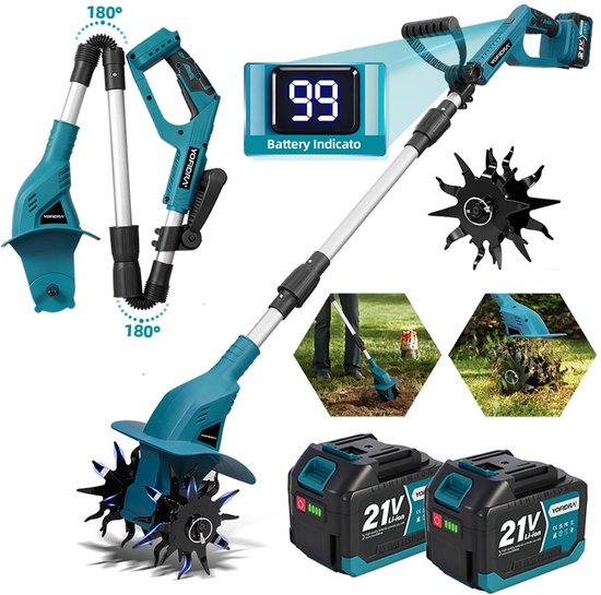 Yofidra Accu Grondfrees - 330 tpm - Elektrisch Tuinfrees - met 2x 4.5Ah Accu's & 2x Grondfreesbladen - Motorhak - 15 cm werkdiepte - 20 cm werkbreedte van Yofidra
