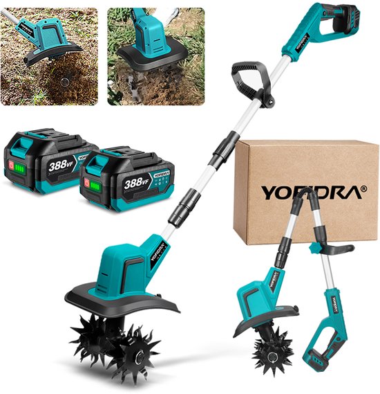 Yofidra Accu Grondfrees - Borstelloze Motorhak - 900 tpm - Elektrisch Tuinfrees - met 2x 3.0Ah Accu's - Opklapbare - voor graven、 wieden、grondbewerking van Merkloos	