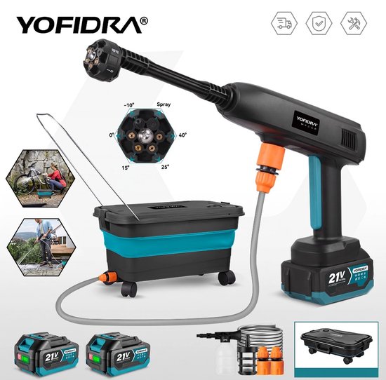 YOFIDRA Accu Hogedrukreiniger 50 Bar – 6-in-1 Spuitkop met 22L Opvouwbare Emmer voor Auto, Fiets en Terras