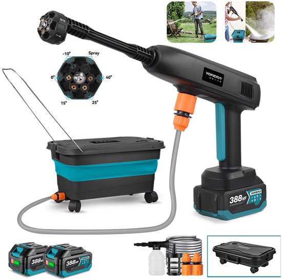 Yofidra Accu Hogedrukreiniger - 50 bar Hogedrukreiniger - met 2 accu's en 22L Opvouwbare emmer - Mobiele Terrasreiniger - Hogedrukspuit - Voor Auto, Vloerreiniging van Merkloos	