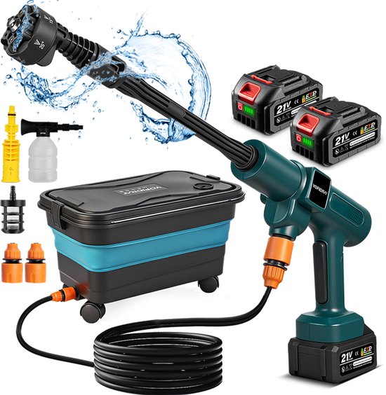 Yofidra Accu Hogedrukreiniger - 70 Bar Hogedrukreiniger - met 2x Batterij & 22L Opvouwbare emmer - Mobiele Drukreiniger - Hogedrukreiniger Auto - Voor Auto, Fiets, Terras en Tuin