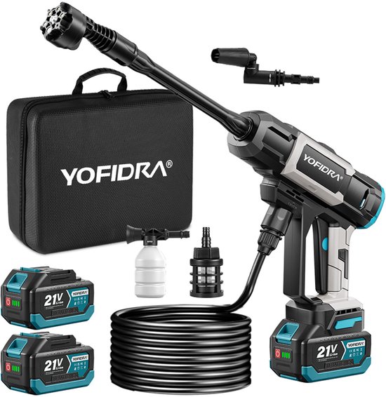 Yofidra Accu Hogedrukreiniger - 90 bar Borstelloze Hogedrukreiniger - met 2x 4.0Ah Accu's - 450 l/u - 3 snelheden - voor auto, fiets, terras en camping,