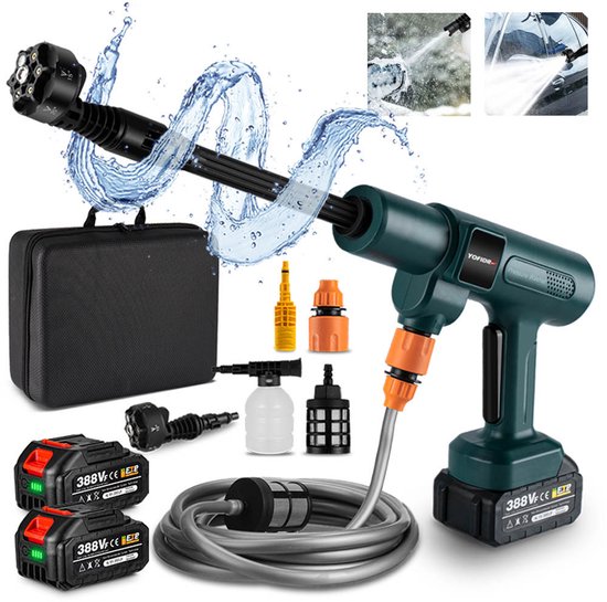 Yofidra Accu Hogedrukreiniger met 2x Accu's - 70 bar Draadloze Hogedrukreiniger - 6-in-1 verstelbaar mondstuk - Auto Was Set - Voor Auto, Fiets, Terras en Tuin van Yofidra