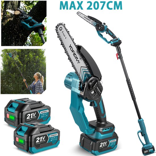 YOFIDRA Accu Kettingzaag + Telescopische Steel - 8" Borstelloze kettingzaag - Accu Hoogsnoeier - met 2 x Accu's - voor boomtakken, houtzagen