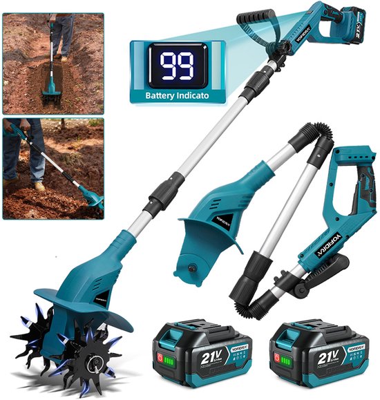 Yofidra Accu Tuinfrees - 21 V Accu Grondhak - met 2 x 4,0 Ah accu's - 1200 tpm Borstelloze Grondfrees - 20 cm werkbreedte - voor gazon, tuin en bodembewerking