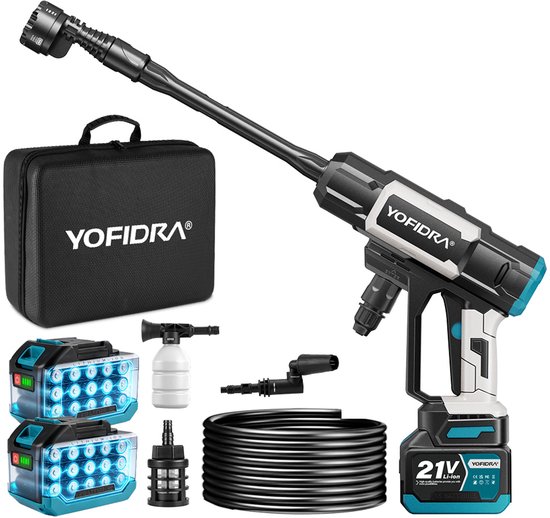 Yofidra Draadloze Hogedrukreiniger - 90 bar hogedrukreiniger - met 2x 6.0Ah Accu's - 450 l/u - Hogedrukspuit - voor auto, fiets, terras en camping
