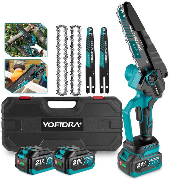 Yofidra Elektrisch Kettingzaag - 8 inch Kettingzaag - met 2x Accu's - Borstelloze Handkettingzaag - Automatische Kettingsmering