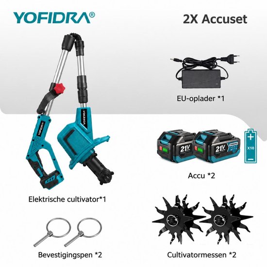 YOFIDRA Elektrische Grondfrees 21V, 15 cm Werkdiepte, 180° Opvouwbaar, met 2 Accu’s – Krachtige Bodemfrees voor Moestuin, Kas en Tuin