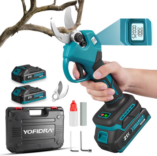 Yofidra Elektrische Snoeischaar - 25mm Snijdiameter - Borstelloze Snoeischaar - met 2 Accu's & Reserve Set Snoeimessen - Voor Boomgaard, Tuin, Boerderij, Park van Merkloos	