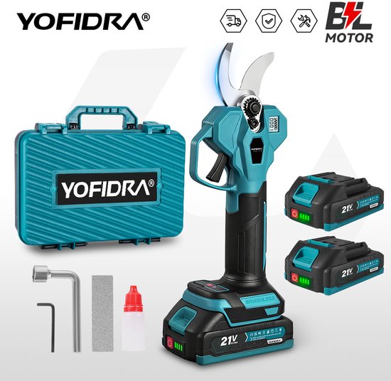YOFIDRA Elektrische Snoeischaar - 28mm Snijdiameter - Incl. 2 Accu's - Accu Snoeischaar - Met smeerolie, slijpsteen en opbergkoffer - Ideaal voor fruitbomen, tuinieren en dikke takken.