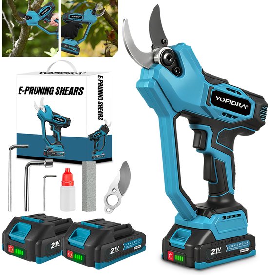 Yofidra Elektrische Snoeischaar - 45mm Snijdiameter - Incl 2x Accu’s - Professioneel Heggenschaar - Borstelloze snoeischaar - voor tuinen boomtakken van Yofidra