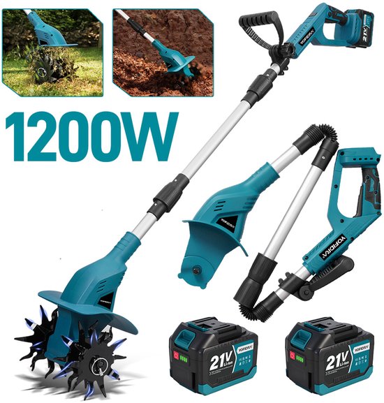 Yofidra Elektrische Tuinfrees - Accu Grondhak - 1200 tpm - met 2 x 5,0 Ah accu's - 15 cm werkdiepte - 20 cm werkbreedte - voor gazon, tuin en bodembewerking