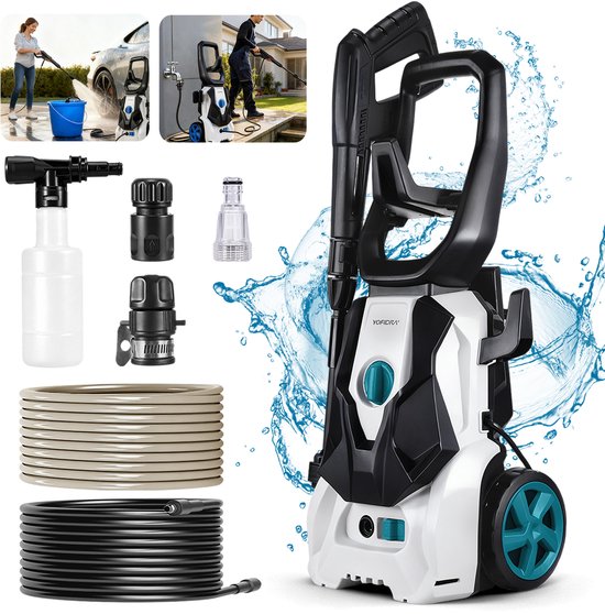 Yofidra Hogedrukreiniger - 2500W - Max. 250 Bar Druk - 390 l/h Debiet - Zelfaanzuigend Hogedrukreiniger - met Pistool, Lansen, Zeepreservoir, Patioborstel en Hogedrukslang - voor Huis, Tuin en Auto van Merkloos	