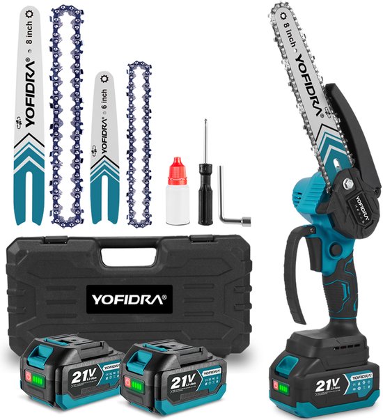 Yofidra Mini kettingzaag - 6 / 8 inch Kettingzaag - met 2x 4.0Ah accu’s Snoeizaag - Takkenzaag - Brushless Heggenschaar - voor tuin, boomsnoeien en hout