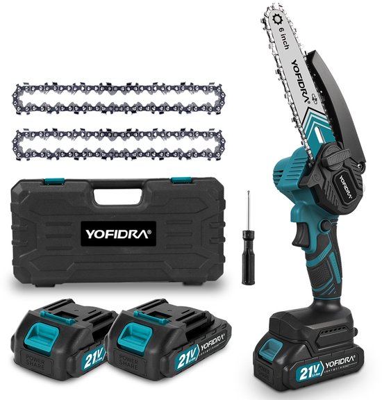 Yofidra Mini kettingzaag - 6 inch kettingzaag- met 2x accu’s - 1000W Heggenschaar - Takkenzaag - voor tuin, boomsnoeien en hout van Yofidra
