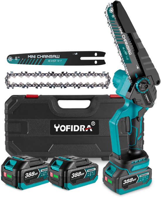 Yofidra Mini kettingzaag - 8" Borstelloze kettingzaag - Met 2 Accus - Automatische Kettingsmering - voor boomtakken, houtzagen van Merkloos	