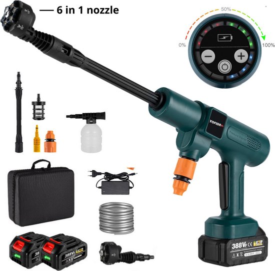 Yofrida 6 in 1 Draadloze Hogedrukreiniger - Auto Accu Hogedrukreiniger - 6 in 1 Nozzle - Met Opslagcase En 2 Accu's - 3500W