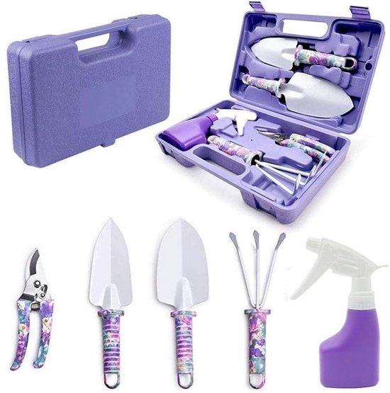 YOZHIQU Tuingereedschapset - Paars bloemenpatroon - Ergonomische handgreep Tuingereedschap - Schep, hark, troffel, snoeischaar, sproeier - Tuingeschenkset - Set van 5 stuks van Merkloos	