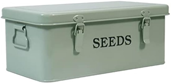 Zaaddoos voor moestuin, voor het opbergen van zaad, groentezaad, met veiligheidsvergrendeling, 33 x 18 x 13 cm, organizer voor zaden, metaal, met 4 vakken, cadeau, tuingereedschap, groene doos van Relaxdays