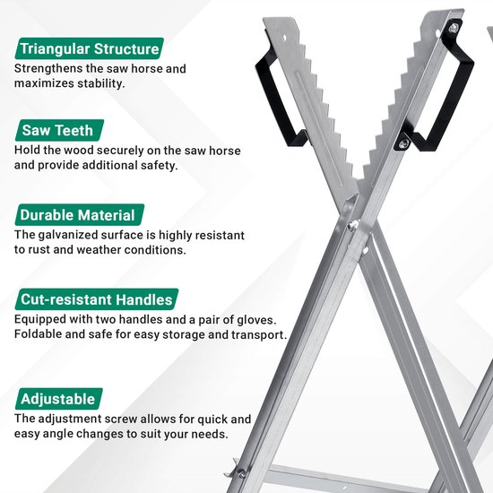 Zaagbock met 3 houders en tanden - opklapbaar - tot 150 kg - 79,5x82x80 cm - zilver van Merkloos	