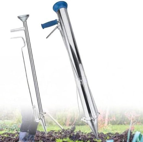 Zaailingenplanter Lange Steel - Planten Tool - Moeiteloos Tuinieren - Roestvrij Staal - 90 cm - Zilver