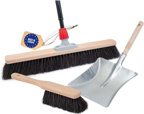 Zaalbezem natuurhaarset 40 cm I Bezemstofblik en handveger telescopische steel I Paardenhaar zwart I met uitschuifbare steel I Zacht I fijn I Grote kamerbezem kamerbezem van Merkloos	