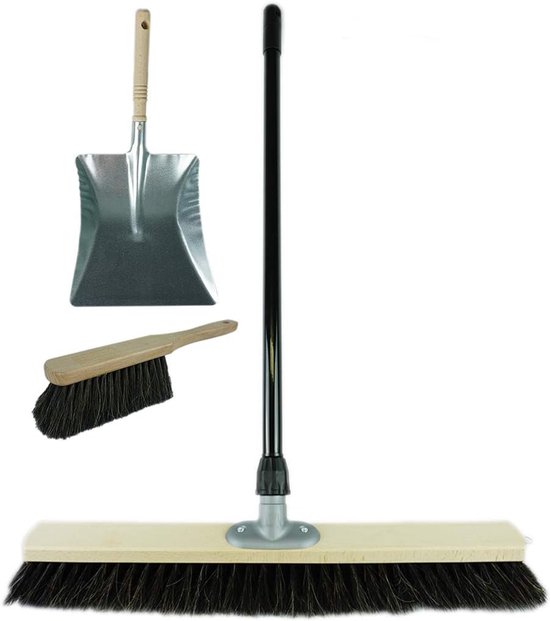 Zaalbezem paardenhaar set 60 cm I Bezem en blik handborstel telescopische steel I Paardenhaar zwart I met uitschuifbare steel I Universele bezem huisbezem binnen van Merkloos	