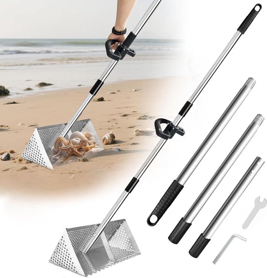 Zandhark voor strand, 140 cm lang, roestvrij staal met antislip handgreep van Merkloos	