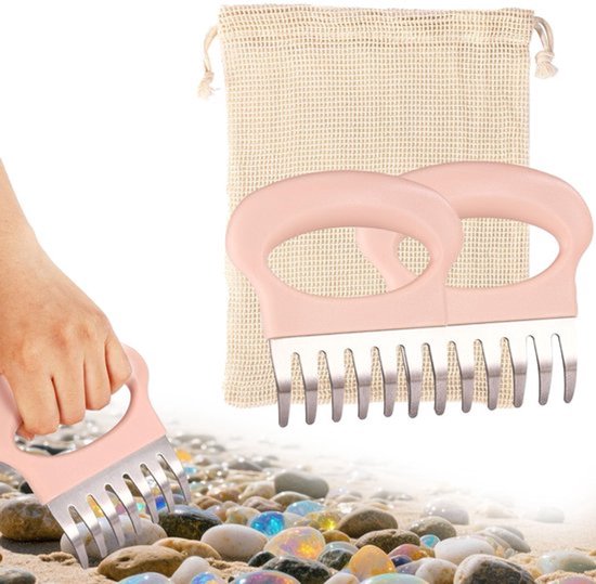 Zandvlooienhark 2 Stuks - Handhark met Netzak - Roze/Beeige - Schelpen Opruimen - Lichtgewicht - Compact 12x11,8 cm - Strandkam