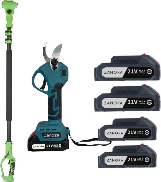 Zanora® Elektrische Snoeischaar + Telescoop Stang - 2x Accu’s - 2,5m - Voor Hoge Takken en Takken tot 30mm - Snoeiset - Draadloos en Ergonomisch van $